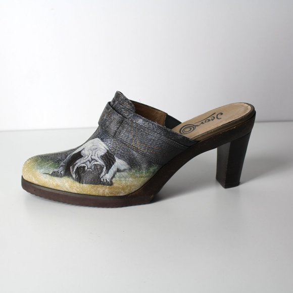ICON Los Angeles Leather shoes slip on heels mules sz 9.5 cute dog PUG art Jeon - Picture 3 of 16